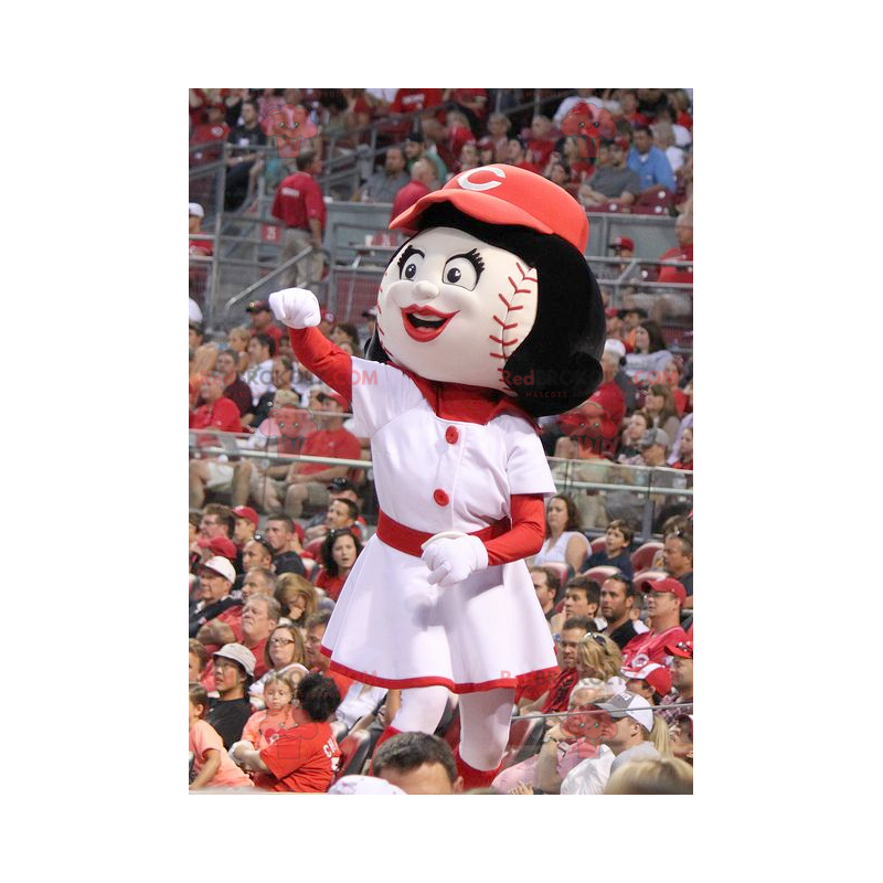 Girl mascot with a head in the shape of a baseball -