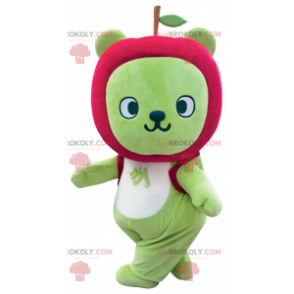 Mascota oso verde con cabeza en forma de manzana -