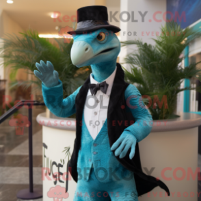 Fantasia de mascote REDBROKOLY de Velociraptor turquesa com smoking e cachecóis - Mascotes do Velociraptor - RedBrokoly.com