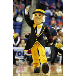 Hombre mascota en traje negro con sombrero de copa -