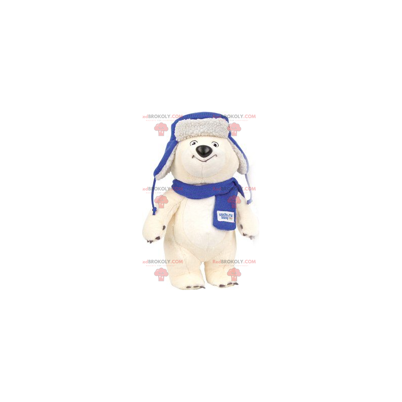 Mascotte dell'orso polare con una sciarpa e un cappello -