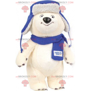 Mascota del oso polar con una bufanda y un sombrero. -