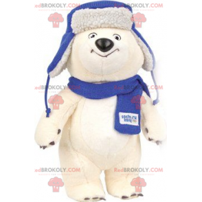 Mascotte dell'orso polare con una sciarpa e un cappello -