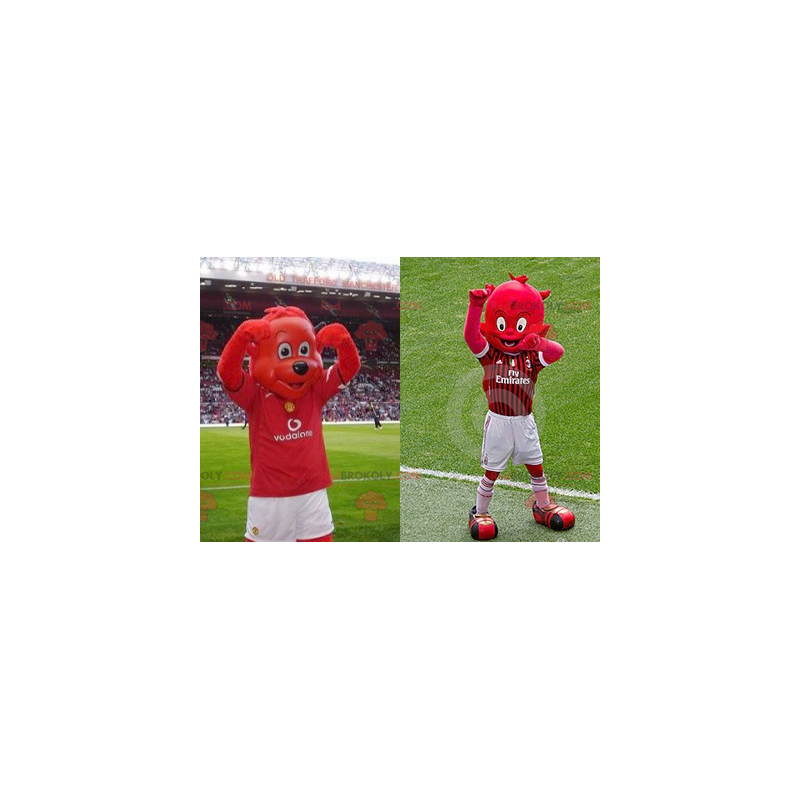 2 mascottes : un ours rouge et un diablotin rouge -