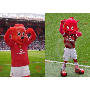 2 mascotes: um urso vermelho e um diabinho vermelho -