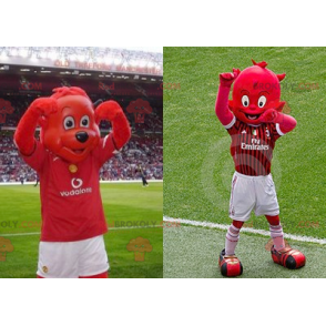 2 mascottes : un ours rouge et un diablotin rouge -