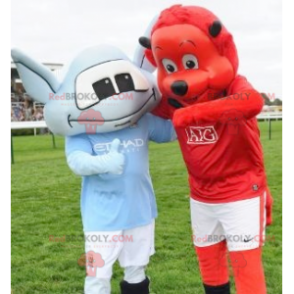 2 mascottes : un ours rouge et un diablotin rouge -