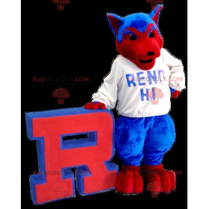 Blauwe en rode wolfshondmascotte - Redbrokoly.com