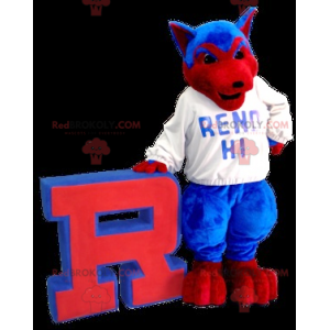 Mascotte de chien de loup bleu et rouge - Redbrokoly.com