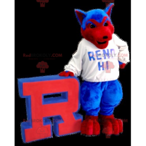Blauwe en rode wolfshondmascotte - Redbrokoly.com
