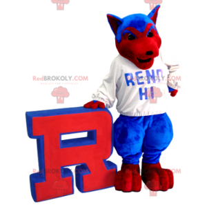 Blauwe en rode wolfshondmascotte - Redbrokoly.com