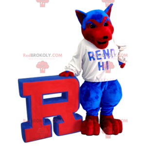 Mascote cão lobo azul e vermelho - Redbrokoly.com