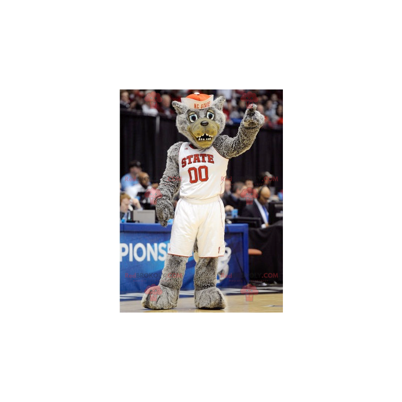 Gray wolf mascot in sportswear - Redbrokoly.com