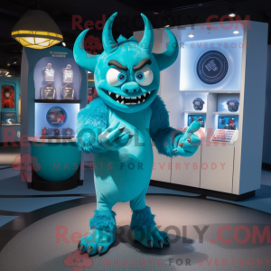 Cyan Devil maskot kostume...
