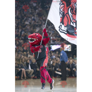 Maskot červený dinosaurus ve sportovním oblečení -