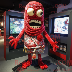Rød zombie-maskotdraktfigur...