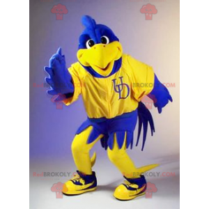 Mascote pássaro amarelo e azul
