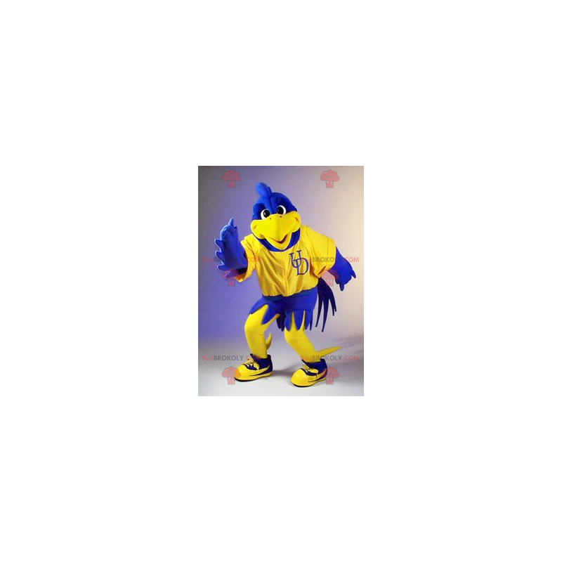 Mascote pássaro amarelo e azul - Redbrokoly.com