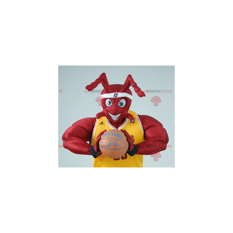 Mascotte de fourmi rouge musclée en tenue de Basket -