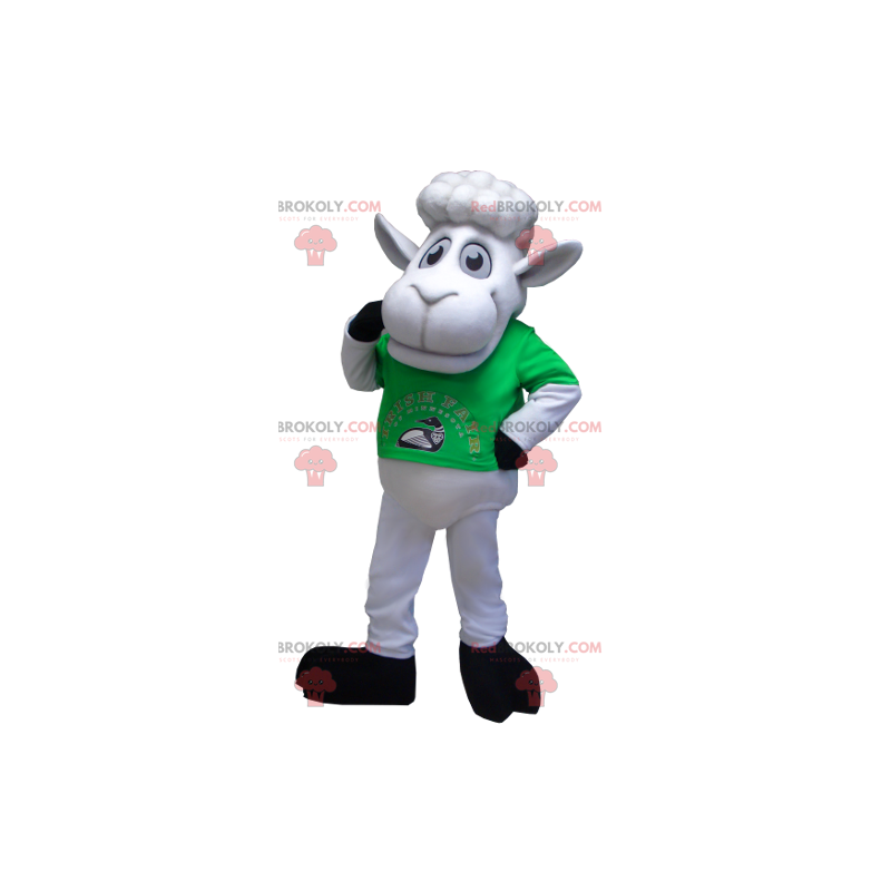 Mascota de oveja blanca con una camiseta verde - Redbrokoly.com