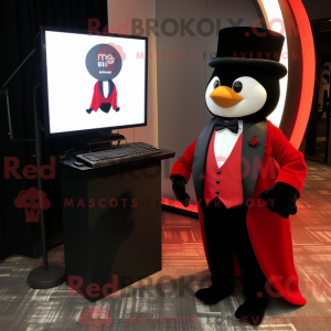 Röd datormaskotdraktfigur...