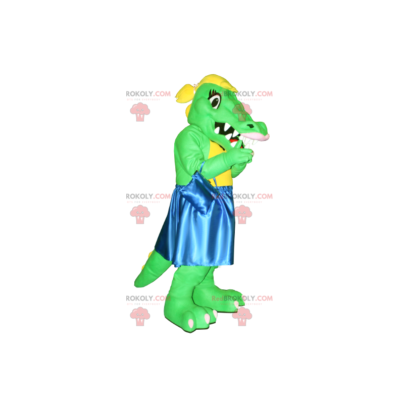 Green and yellow crocodile mascot with a blue dress -