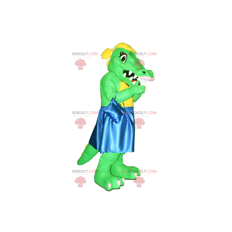 Mascote crocodilo verde e amarelo com vestido azul -