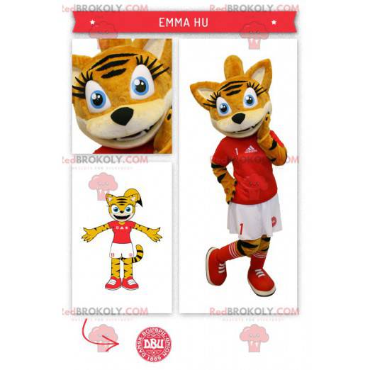 Orange tabby kattmaskot i cheerleaderdräkt - Redbrokoly.com