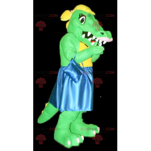 Mascote crocodilo verde e amarelo com vestido azul -