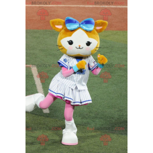Mascot pequeño conejo marrón y blanco con cabeza grande -