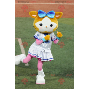 Mascot pequeño conejo marrón y blanco con cabeza grande -
