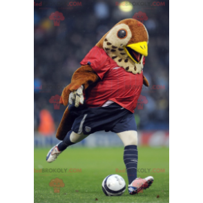 Mascote pássaro marrom e bege em roupas esportivas -