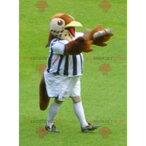 Mascote pássaro marrom e bege em roupas esportivas -