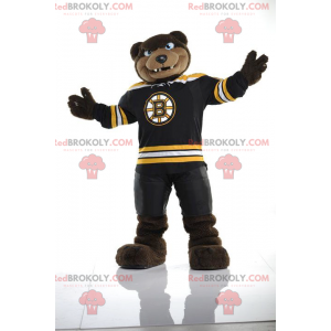 Maskotka niedźwiedź brunatny wyglądający groźnie w odzieży