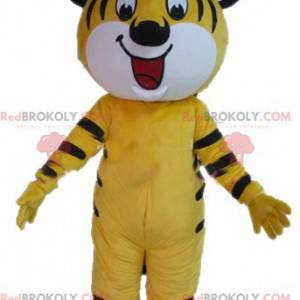 Mascote tigre amarelo branco e preto muito sorridente -