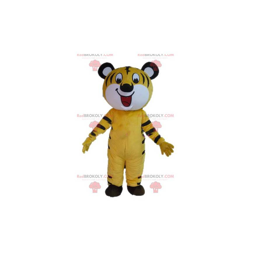 Mascote tigre amarelo branco e preto muito sorridente -
