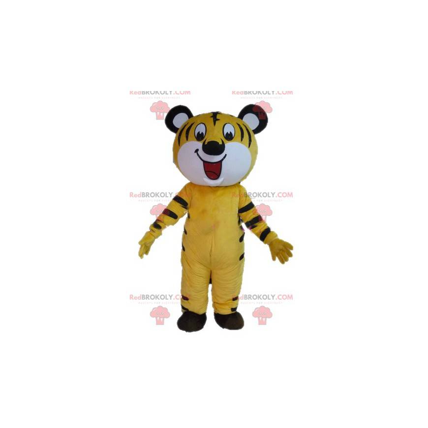 Very smiling yellow white and black tiger mascot -