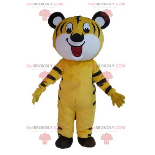 Mascote tigre amarelo branco e preto muito sorridente -