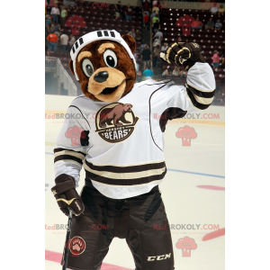 Mascotte dell'orso bruno in attrezzatura da hockey -