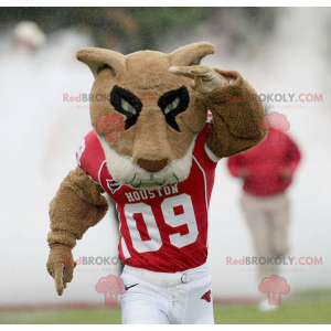 Mascot tigre blanco y negro marrón en ropa deportiva roja -