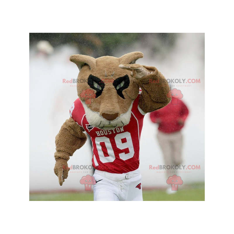 Mascot brown white and black tiger in red sportswear -