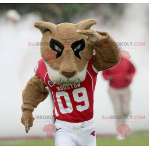 Mascot brown white and black tiger in red sportswear -