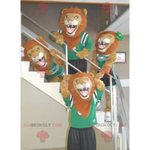 4 mascotes leões rugindo em roupas esportivas - Redbrokoly.com