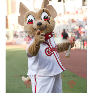 Mascot brown chihuahua in white and red outfit - Redbrokoly.com