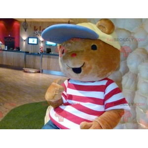 Brown teddy bear mascot with a t-shirt and a cap -