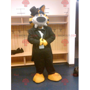 Black and white yellow tiger mascot dressed in a black costume