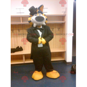 Black and white yellow tiger mascot dressed in a black costume