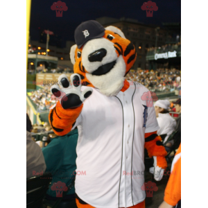 Pomarańczowy biały i czarny tygrys maskotka w odzieży sportowej
