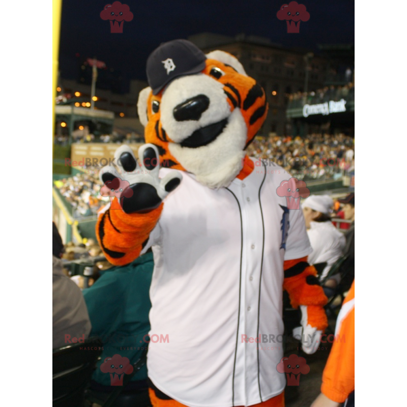 Orange white and black tiger mascot in sportswear -