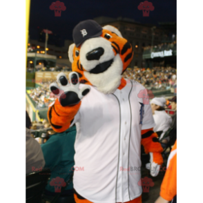 Orange white and black tiger mascot in sportswear -